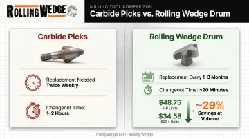 Rolling Wedge milling attachment cost and tool life versus carbide picks comparison