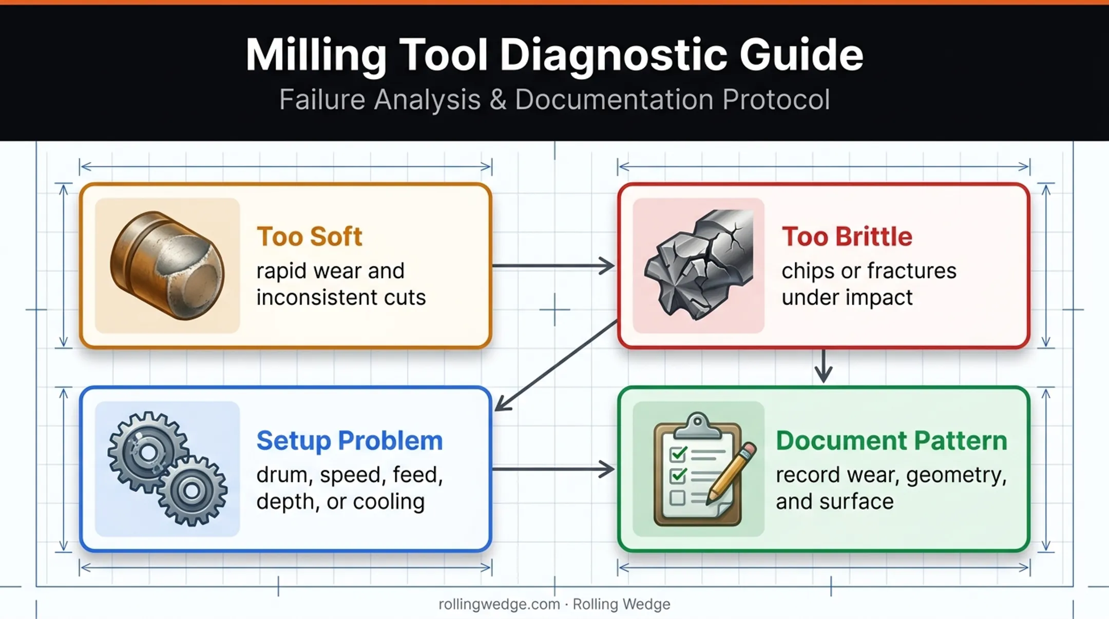 Milling tool failure diagnosis guide for material and setup problems