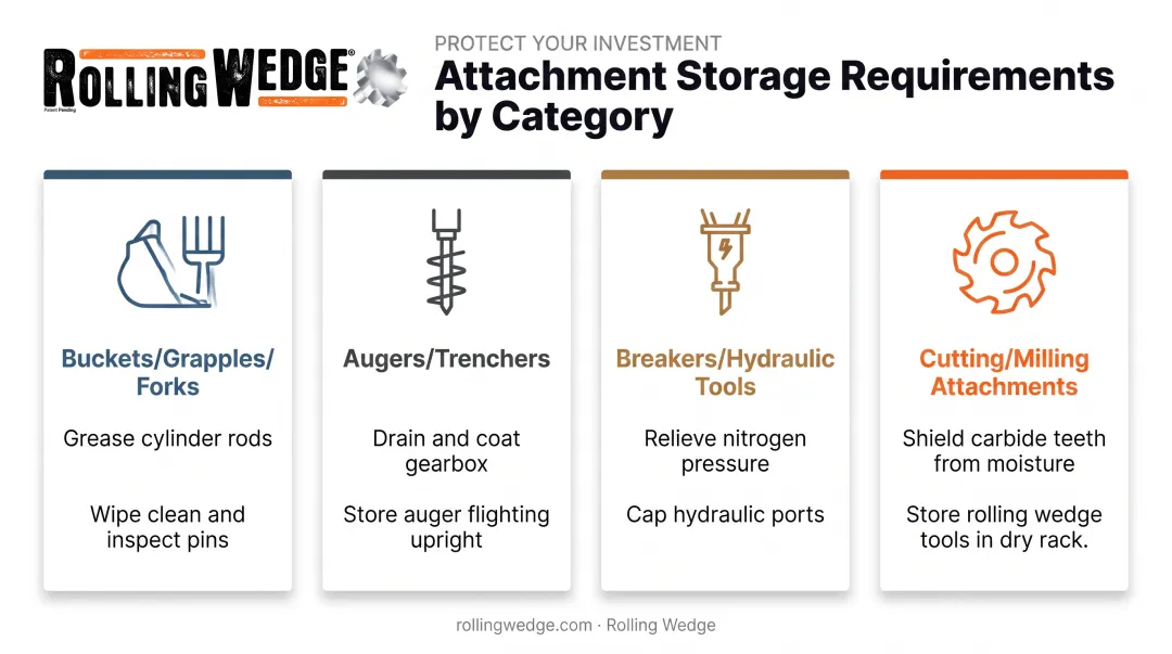 Storage requirements comparison chart for buckets augers breakers and cutting attachments