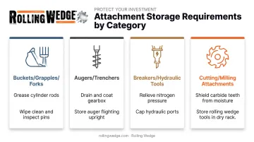 Storage requirements comparison chart for buckets augers breakers and cutting attachments