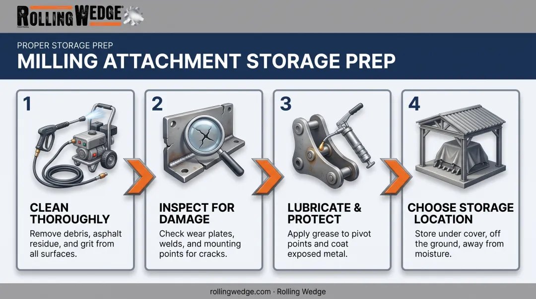 4-step skidsteer attachment storage process from cleaning to placement