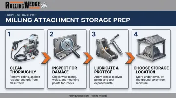 4-step skidsteer attachment storage process from cleaning to placement