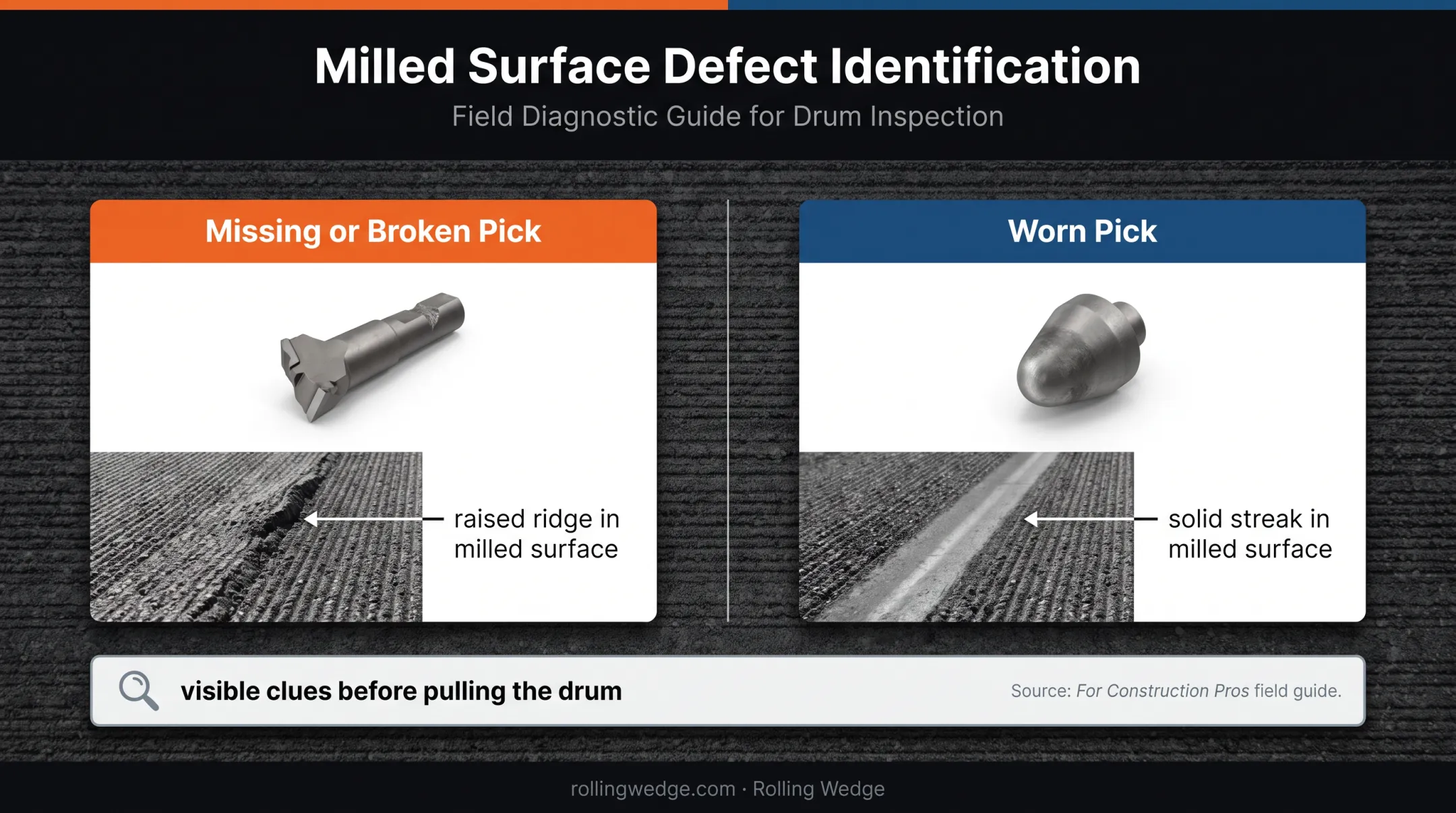 Milling pick failure evidence showing raised ridges and solid streaks