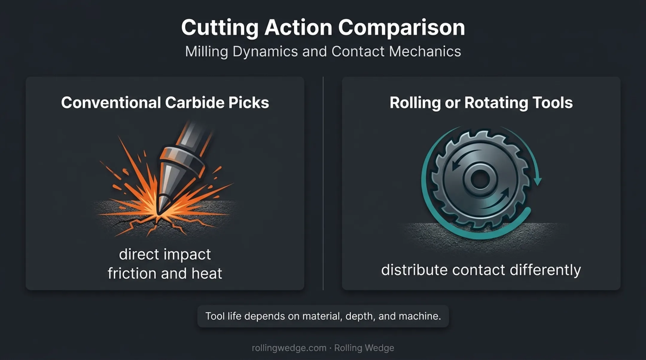 Carbide picks versus rolling milling tools cutting action comparison