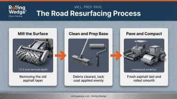 3-step milling and paving process from grinding to compaction