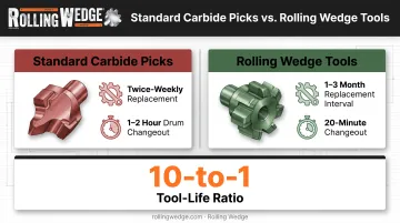 Carbide pick versus Rolling Wedge tool replacement and drum changeout comparison