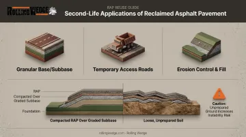 Recycled asphalt millings RAP reuse applications infographic with base layer diagram
