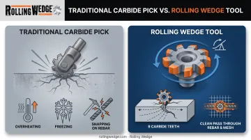Rolling Wedge cutting mechanism versus traditional carbide pick milling tool comparison