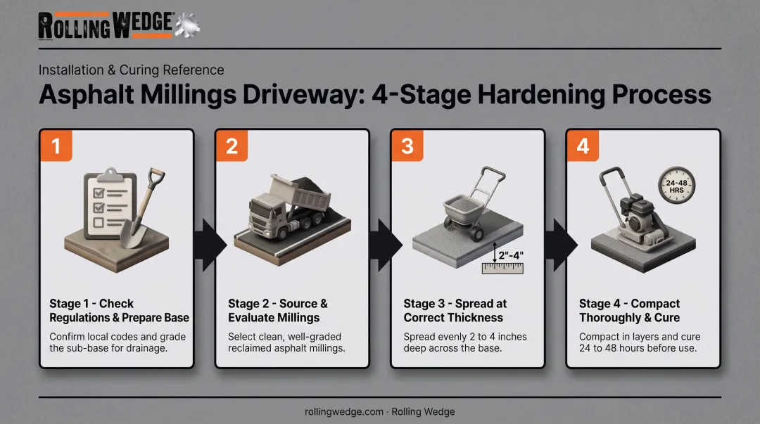 4-step process infographic for hardening asphalt millings driveway