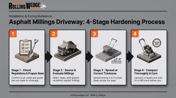4-step process infographic for hardening asphalt millings driveway