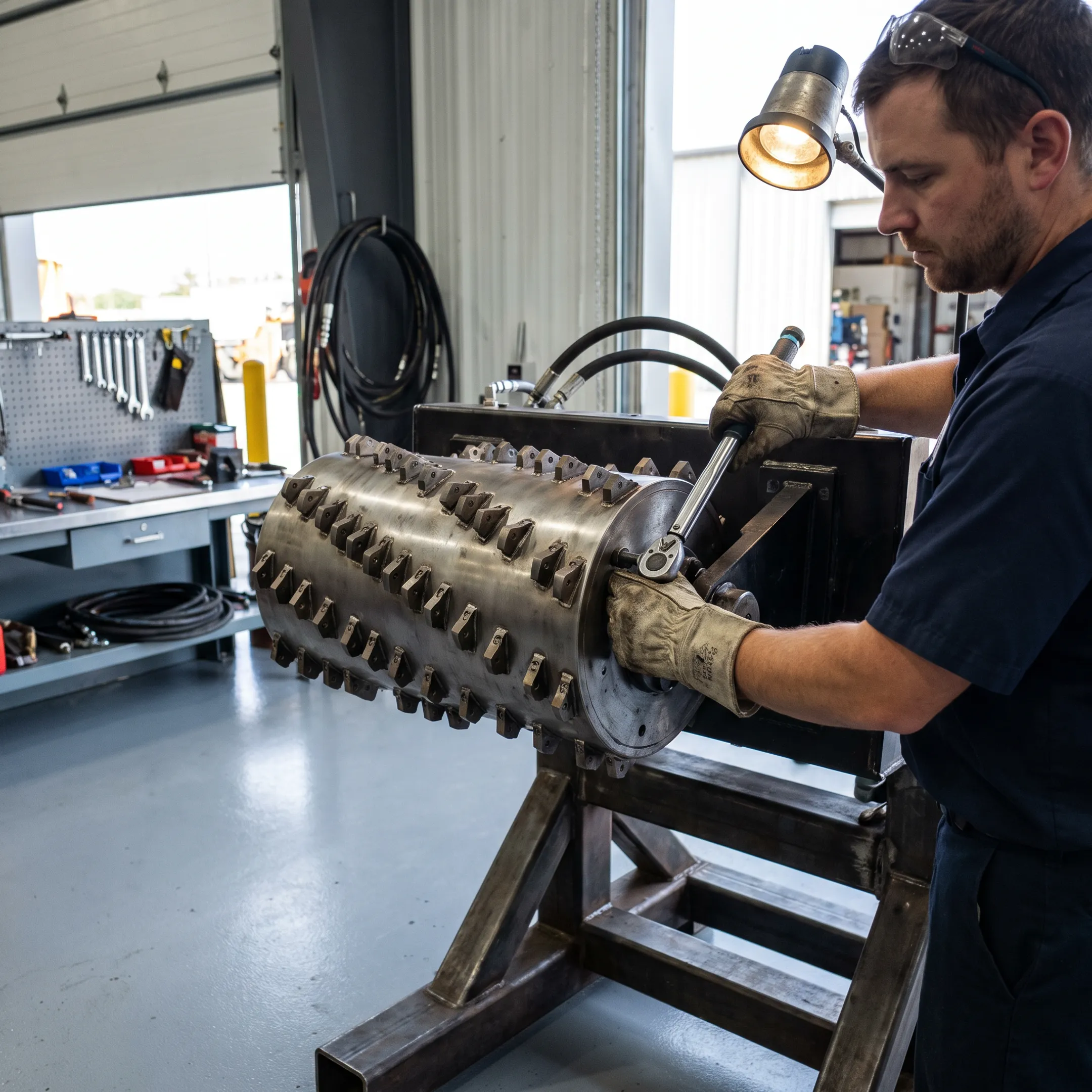 Fleet operator installing milling drum upgrade