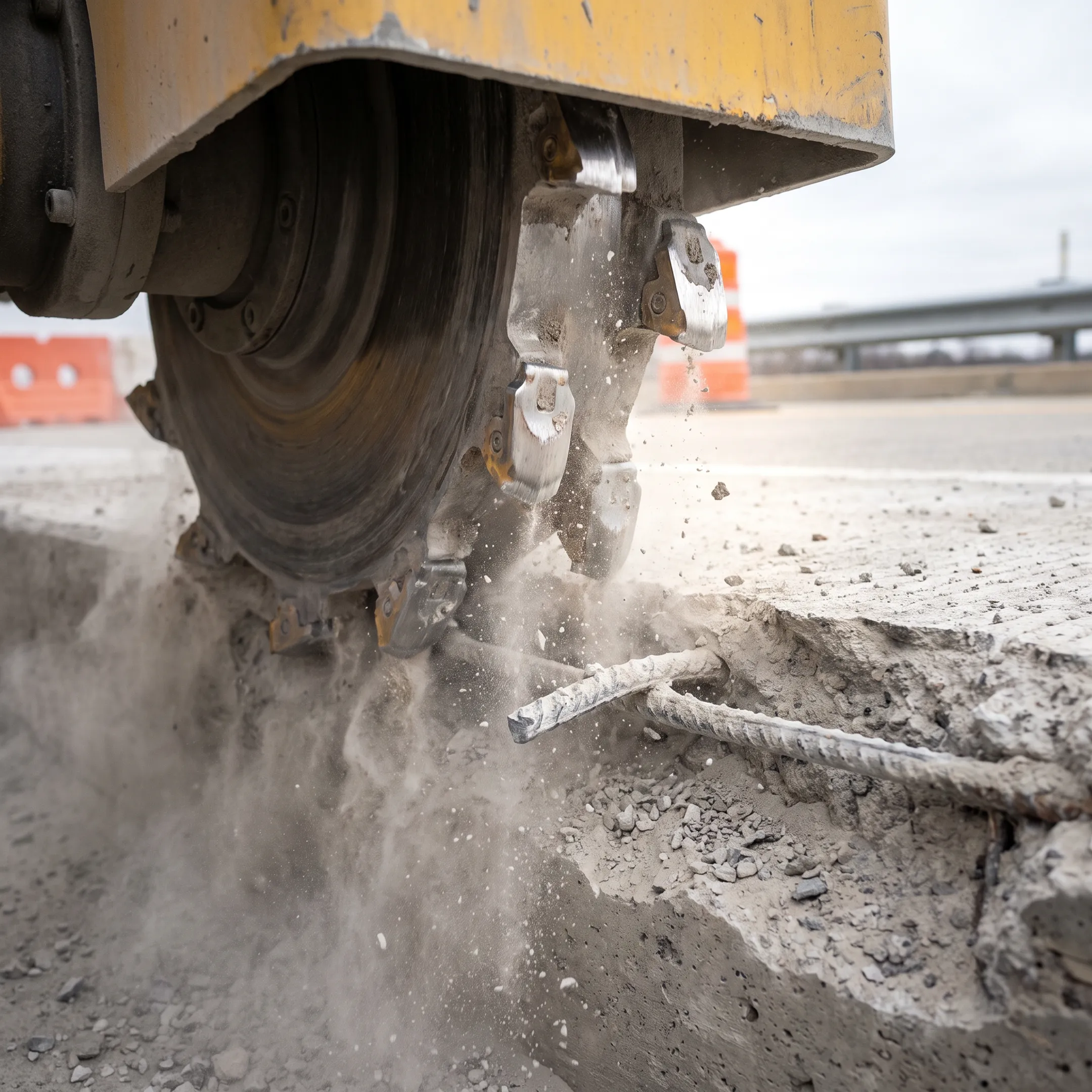 Infrastructure crew milling reinforced concrete bridge deck