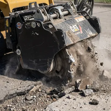 Skid steer milling a paved surface