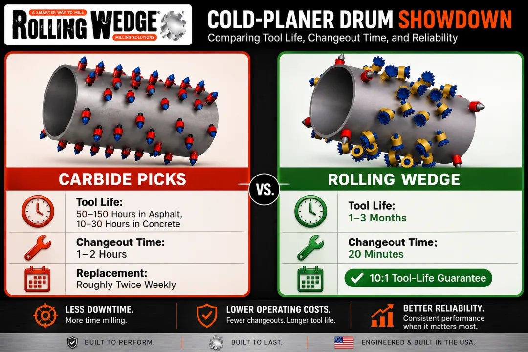 Carbide pick versus rolling wedging drum tool life comparison