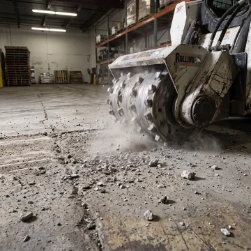 Industrial concrete floor being milled with a planer attachment