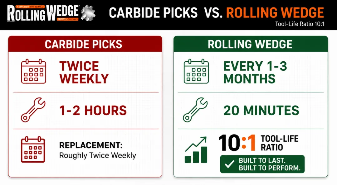 Carbide picks versus Rolling Wedge milling tool lifespan and changeout comparison