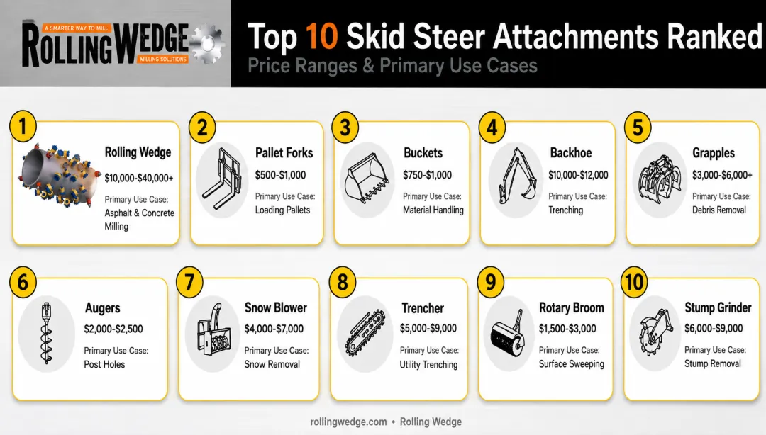 Comparison chart of top 10 skidsteer attachments by price and use case