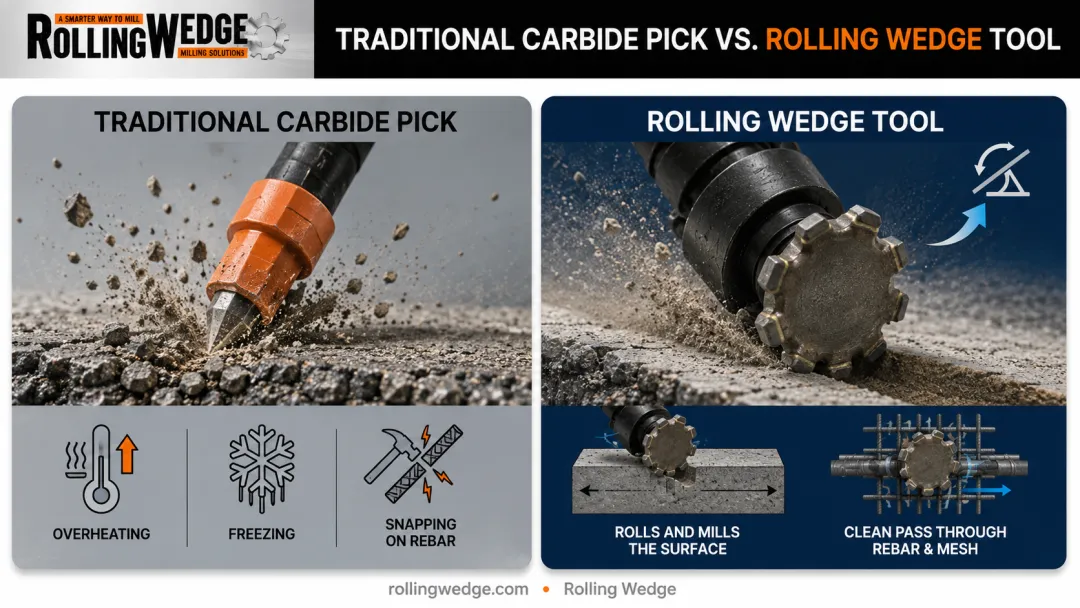 Rolling Wedge cutting mechanism versus traditional carbide pick milling tool comparison
