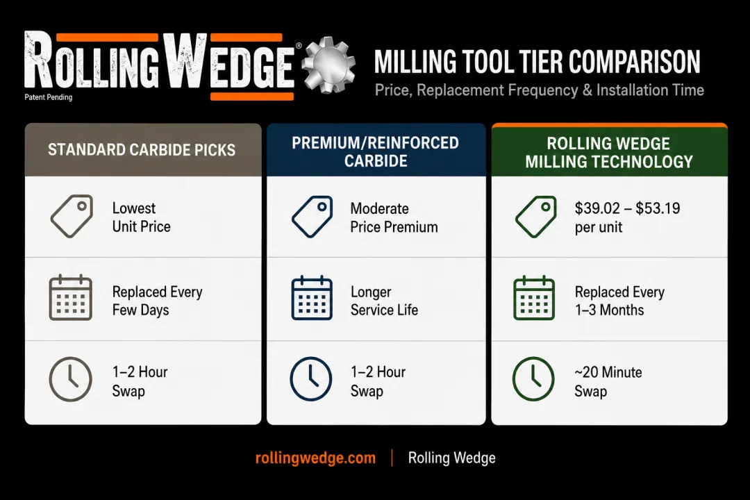Three-tier milling tool pricing comparison chart showing cost and durability