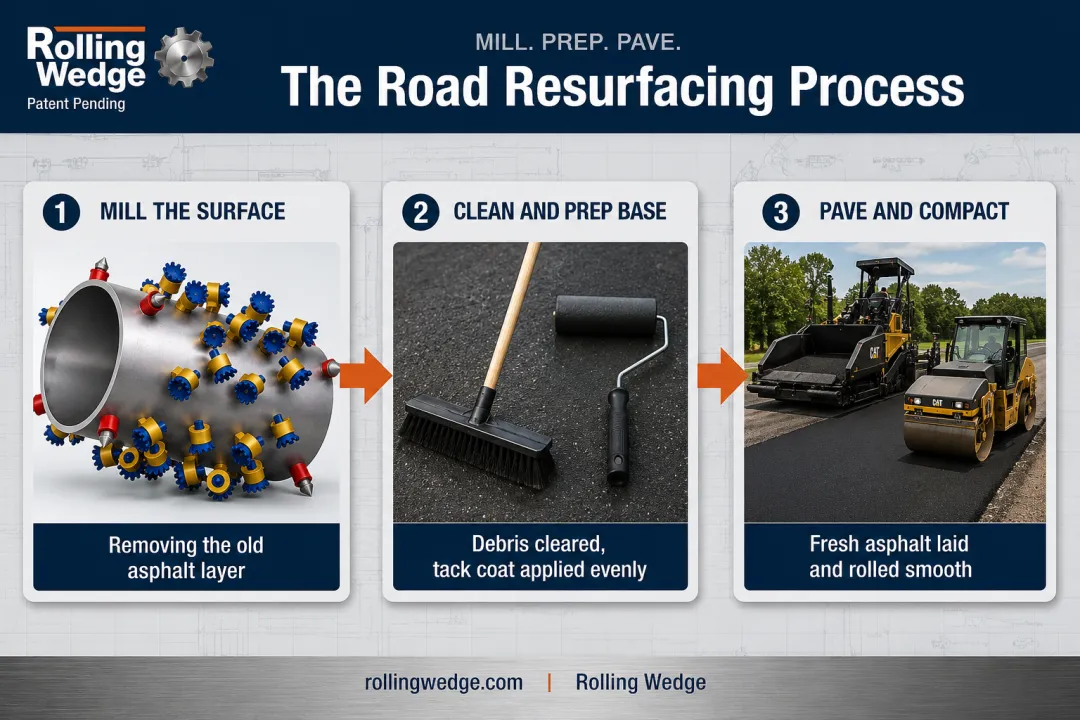 3-step milling and paving process from grinding to compaction