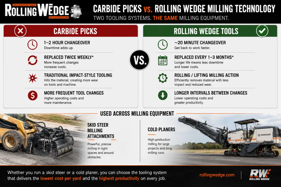 Carbide picks versus Rolling Wedge tools changeover time comparison chart