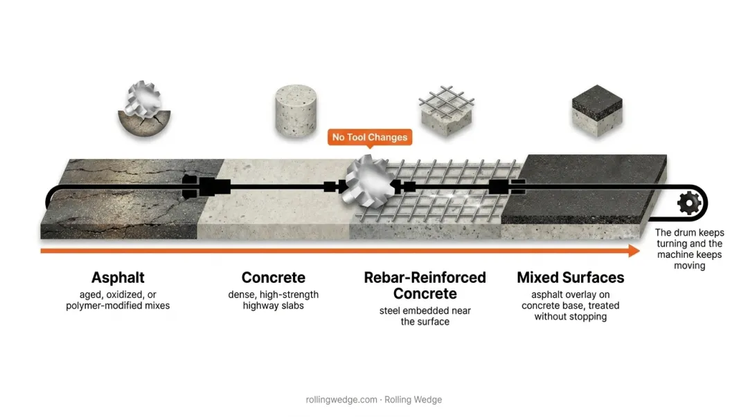 Rolling Wedge Milling Tool cutting through mixed concrete and asphalt surface