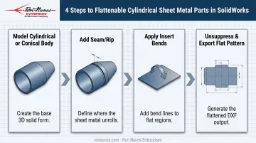 4-step SolidWorks workflow for cylindrical sheet metal flat pattern creation