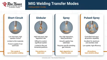 MIG welding four transfer modes comparison chart with characteristics and applications