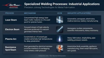 Specialized welding processes comparison table showing mechanism and industry applications