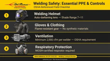 Welding safety PPE requirements checklist showing essential protective equipment and OSHA standards