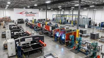 Full-cycle sheet metal fabrication facility showing punching forming welding and finishing operations