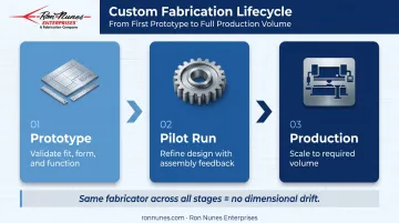 Three-stage custom fabrication lifecycle from prototype to production process flow