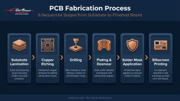 6-step PCB fabrication process flow from lamination to silkscreen printing