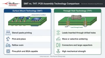 SMT versus through-hole PCB assembly methods side-by-side comparison infographic