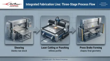 3-step metal fabrication sequence from shearing to press brake forming