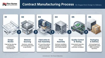 6-step contract manufacturing process flow from design review to delivery