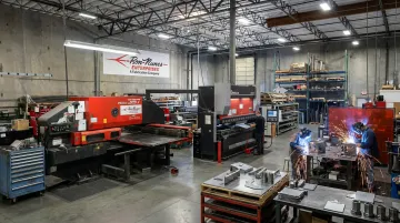 Sheet metal prototype fabrication floor showing CNC punching press brake and welding equipment