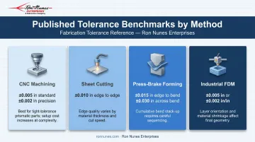 Prototype manufacturing tolerance comparison chart across CNC machining sheet metal and 3D printing
