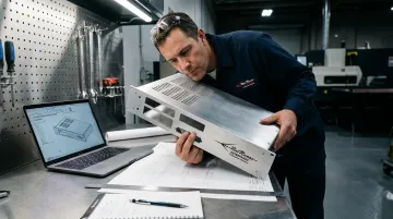 Engineer reviewing prototype metal enclosure against CAD design drawings at workbench