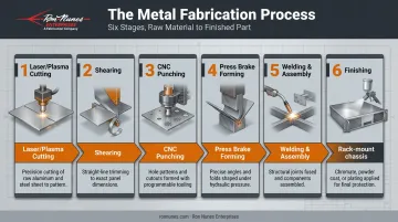 Six-step metal fabrication process flow from cutting to finishing