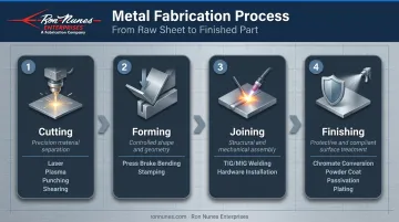 Four-stage metal fabrication process flow cutting forming joining finishing
