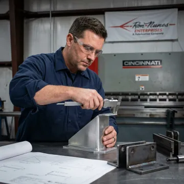 Technician measuring formed metal brackets