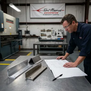 Custom fabricated metal brackets on workbench