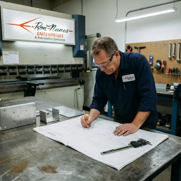 Fabricator reviewing metal part drawings