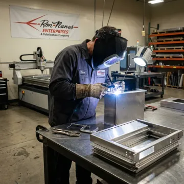Technician welding aluminum fabrication assembly
