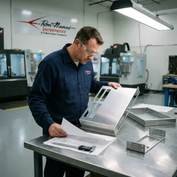 Fabricator inspecting sheet metal parts
