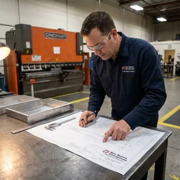 Technician reviewing custom enclosure drawings