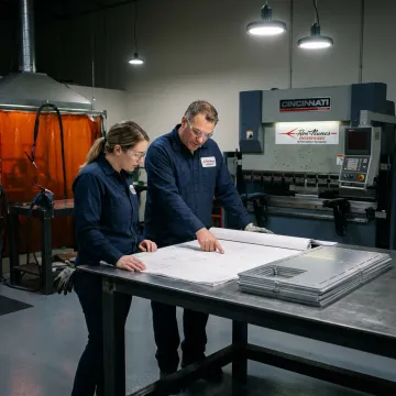 Metal fabrication team reviewing parts and drawings