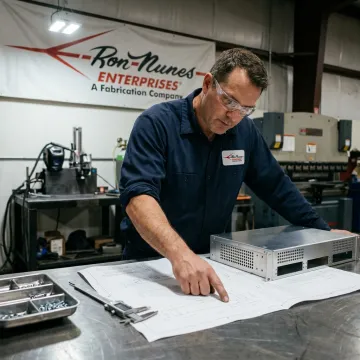 Technician inspecting fabricated electronic chassis
