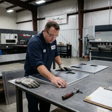 Technician inspecting finished metal parts